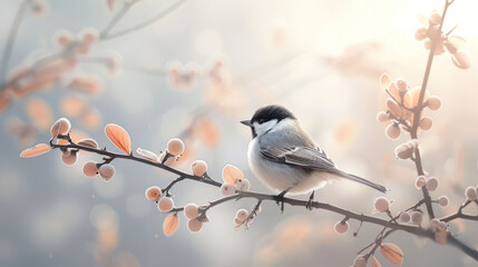 Chickadee perched on a branch with budding flowers, signaling the arrival of spring.