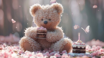 Teddy bear with mini cakes surrounded by pink petals, perfect for birthday or valentine themes. - obrazy, fototapety, plakaty