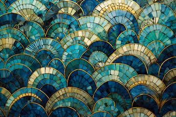 An intricately patterned mosaic artwork in shades of blue, green, and gold