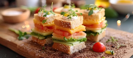 Foto op Plexiglas A wooden cutting board is showcased on top of a table, adorned with delicious mini sandwiches made with whole 100g bread. The sandwiches are neatly arranged on the board, ready to be enjoyed. © TheWaterMeloonProjec