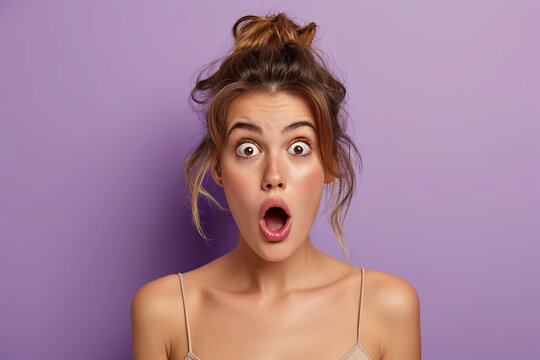 A surprised woman with raised eyebrows and a twisted mouth on a purple background