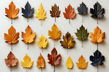 Autumn Leaves Collection. An array of maple leaves in a full spectrum of fall colors, neatly organized, perfect for seasonal designs and patterns.