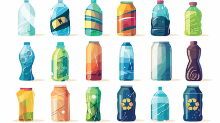 Set of plastic bottle and cans recycle cartoon fl - obrazy, fototapety, plakaty