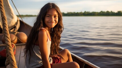 Sailing in a wooden boat on the Amazon river in Peru. An indigenous girl sitting on the front of the boat whilst sailing down the river.


