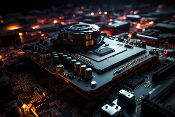 Fototapeta premium Advanced Technology Circuit Board. A visually striking image of a circuit board with a central processing unit and cooling system, highlighting the intricacies of modern computing technology.