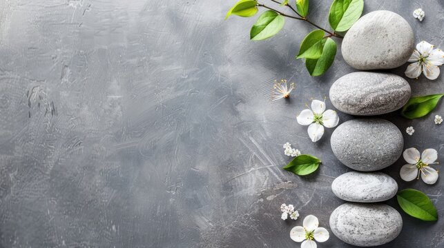 White flower and spa stones on the grey background