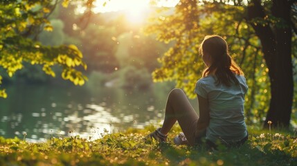 Woman siting in nature and sun gazing - obrazy, fototapety, plakaty