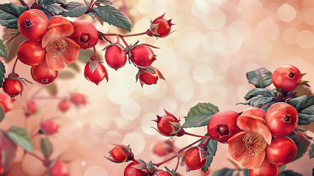 rose hips on twigs in autumn or winter with pastel bokeh in background