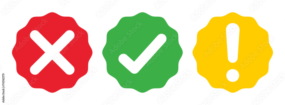 Fototapete right, wrong and exclamation mark symbol rounded zig-zag style in red, green and yellow color - vect