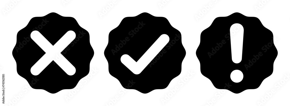 Fototapete right, wrong and exclamation mark symbol rounded zig-zag style in black and white color - vector ico