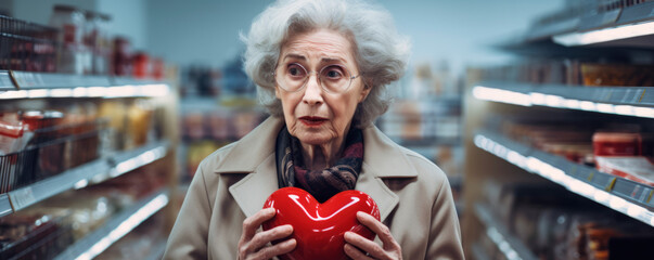 A shocked elderly woman in a grocery aisle grips a heart-shaped box, her wide eyes and open mouth reflecting surprise or dismay, against the backdrop of retail surroundings. - obrazy, fototapety, plakaty