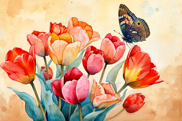 A stunning watercolor illustration of a bouquet of tulips, with a butterfly perched on one of the flowers