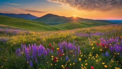 meadow, sky, wildflower, blue, green, sunlight, nature, landscape, horizon, image, ,picture, ,sunset, ,sunrise, ,background, Clear Serene Blue Sky