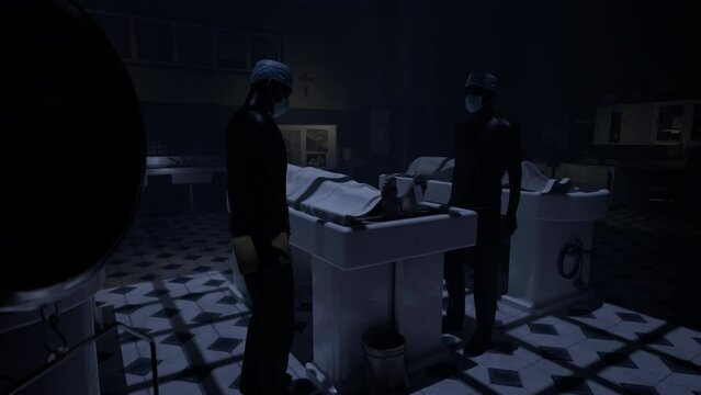 Two doctors standing in fron of a corpse in the morgue and ready to execute an autopsy