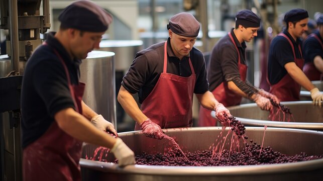 Winery workers treading red wine.


