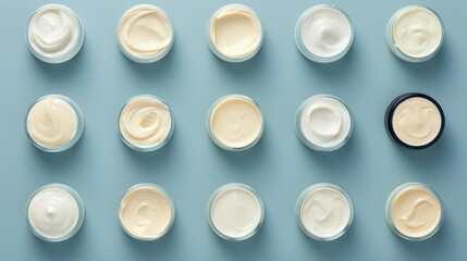 Variety of organic cosmetic creams for skin care in open jars on a blue background. Top view. Concept of skincare variety, cosmetics assortment, and beauty product display.