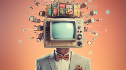 Man in suit with an intricate TV set as head, wires exposed. Hyper-Realistic Cyborg with Television Head