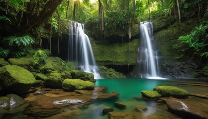 waterfall, tropical, forest, greenery, cascading, water, lush, serenity, pool, sunlight, canopy, tranquil, foliage, background, landscape, tranquility, natural