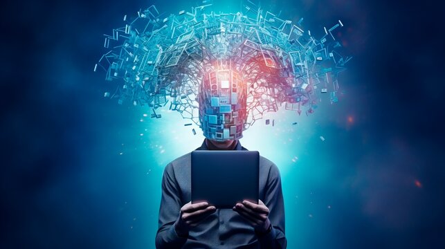 Person holding a tablet with a head exploding into digital screens. Concept of information overload, digital age, and data access.