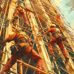 Fototapeta premium a group of men wearing helmets and standing on scaffolding