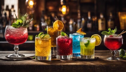 cocktail, glass, vibrant, colorful, rustic, wooden, bar, mixology, lime, orange, cherry, umbrella, adornment, tropical, presentation, red, yellow, green, blue, glossy, finish, light, glow