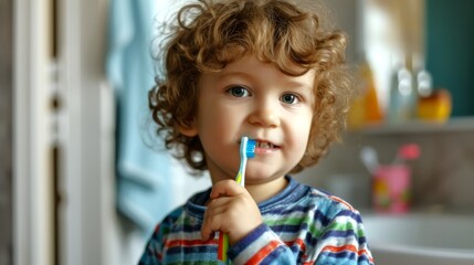 Young child brushing teeth. Copy space. Concept of dental hygiene, healthy childhood habits, learning self care, and oral health. - obrazy, fototapety, plakaty