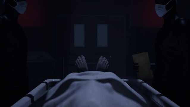 Two doctors standing in fron of a corpse in the morgue and ready to execute an autopsy