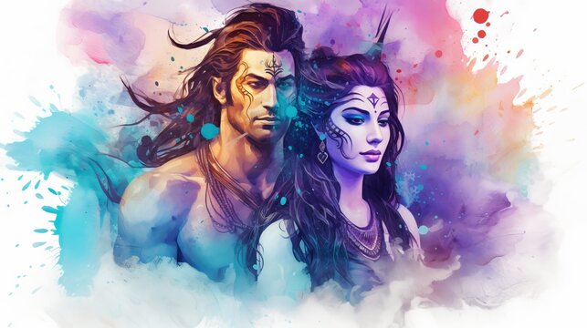 Artistic representation of deities Shiva and Shakti with a colorful backdrop. Concept of Hindu mythology, eternal love, and powerful deities. Mythical man and woman, fantasy. Couple in love
