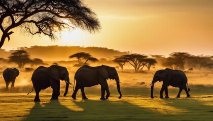 savannah, elephants, desert, trees, sky, plains, herd, family, black, white, stripes, green, elephant, animal, savanna, sunset, mammal, nature, outdoor, landscape, wild, national, wildlife, safari