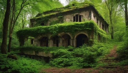 abandoned, nature, structure, forest, destroyed, trees, moss, decay, growth, destruction, beauty, ruin, green, sunlight