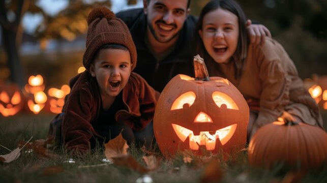 a group of people posing for a picture with a carved pumpkin