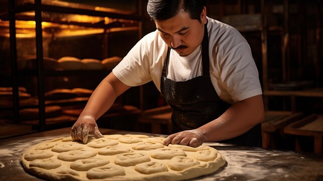 A baker placing a fresh dough Uzbek obi non bread on an oven pillow to be baked on the inside walls of a tandyr oven with markings in the centre made with a chekich (bread stamp), in a bakery in Samar