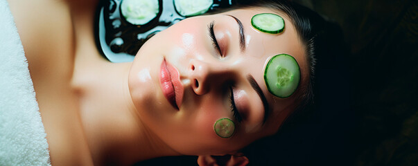 Woman enjoying a spa treatment with cucumber slices on her eyes, representing relaxation, self-care, and the essence of beauty wellness. Captures a moment of tranquil pampering and skincare ritual. - obrazy, fototapety, plakaty