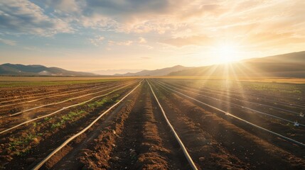 An extensive agricultural field primed for planting bathed in the gentle sunlight, adorned with irrigation pipes meticulously laid out across the soil