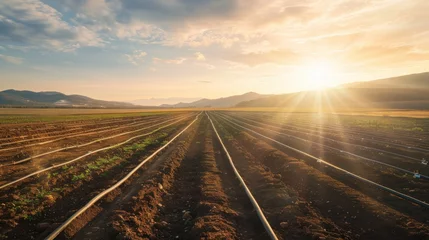 Foto op Aluminium An extensive agricultural field primed for planting bathed in the gentle sunlight, adorned with irrigation pipes meticulously laid out across the soil © Orxan