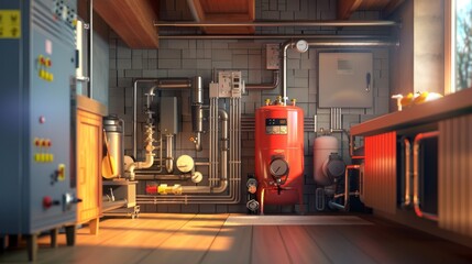 3D illustration of a boiler room showcasing a gas heating system - obrazy, fototapety, plakaty
