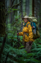Obraz premium A retired black woman walks in the forest to stay in shape during the summer