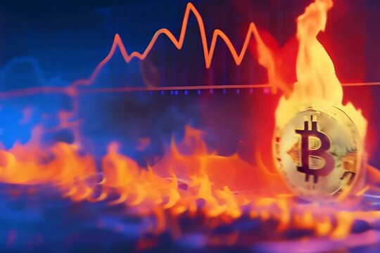 Bitcoin currency and graph, background with fire flames, cryptocurrency and investment concept.