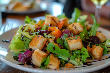 A plate of salad with a variety of greens and vegetables. The salad is garnished with croutons and...