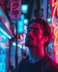 a man in glasses looking up at neon lights
