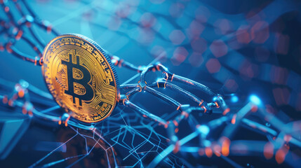 Smartphone with Bitcoin symbol on-screen among piles of golden Bitcoins. Blockchain transfers concept. 3D rendering