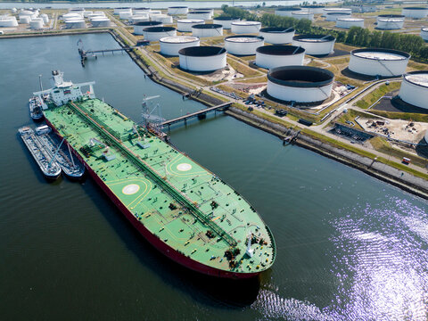 Aerial view of a large oil tanker in the port of Rotterdam