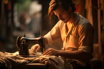 Man sewing with a old sewing machine, making clothes, sewing clothes, working with fabric - obrazy, fototapety, plakaty