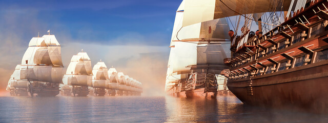 Timeless Voyage: Ghostly Fleet of Galleons Sailing through Mist - obrazy, fototapety, plakaty