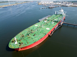 Aerial view of a large oil tanker in the port of Rotterdam - 743169732