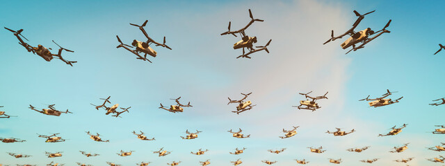 Aerial Squadron of Drones in Formation Against a Clear Blue Sky