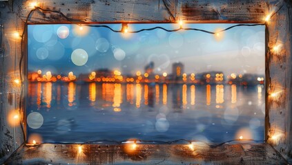 old wood frame with christmas lights with the city in background Generative AI