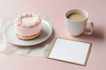 Fototapeta na wymiar Warm Cozy Scene of Blank Card Mockup Invitation for Celebration Pink Mini Cake and Coffee