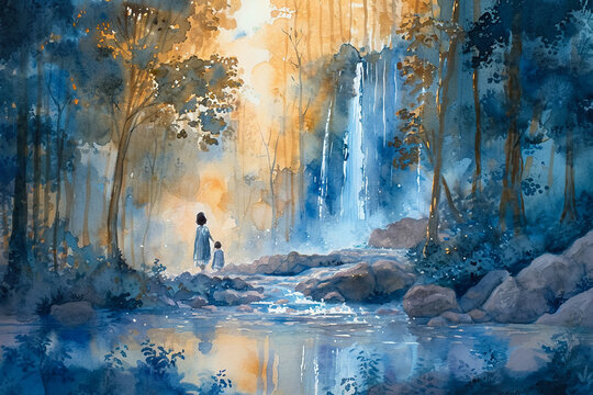 A mystical watercolor painting of a mother and her child walking in a forest, with a beautiful waterfall in the background