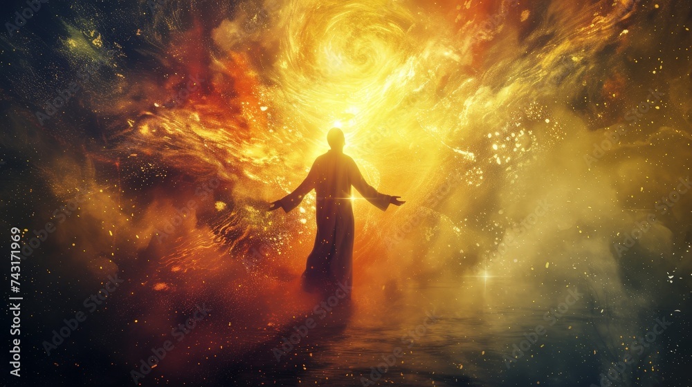 Poster a person in a robe standing in front of a fiery explosion